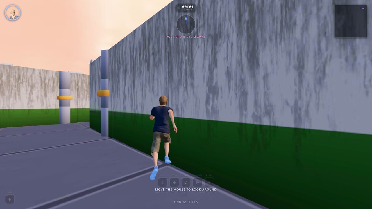 Third-person view down a narrow maze corridor, low afternoon sun raking across the wall.